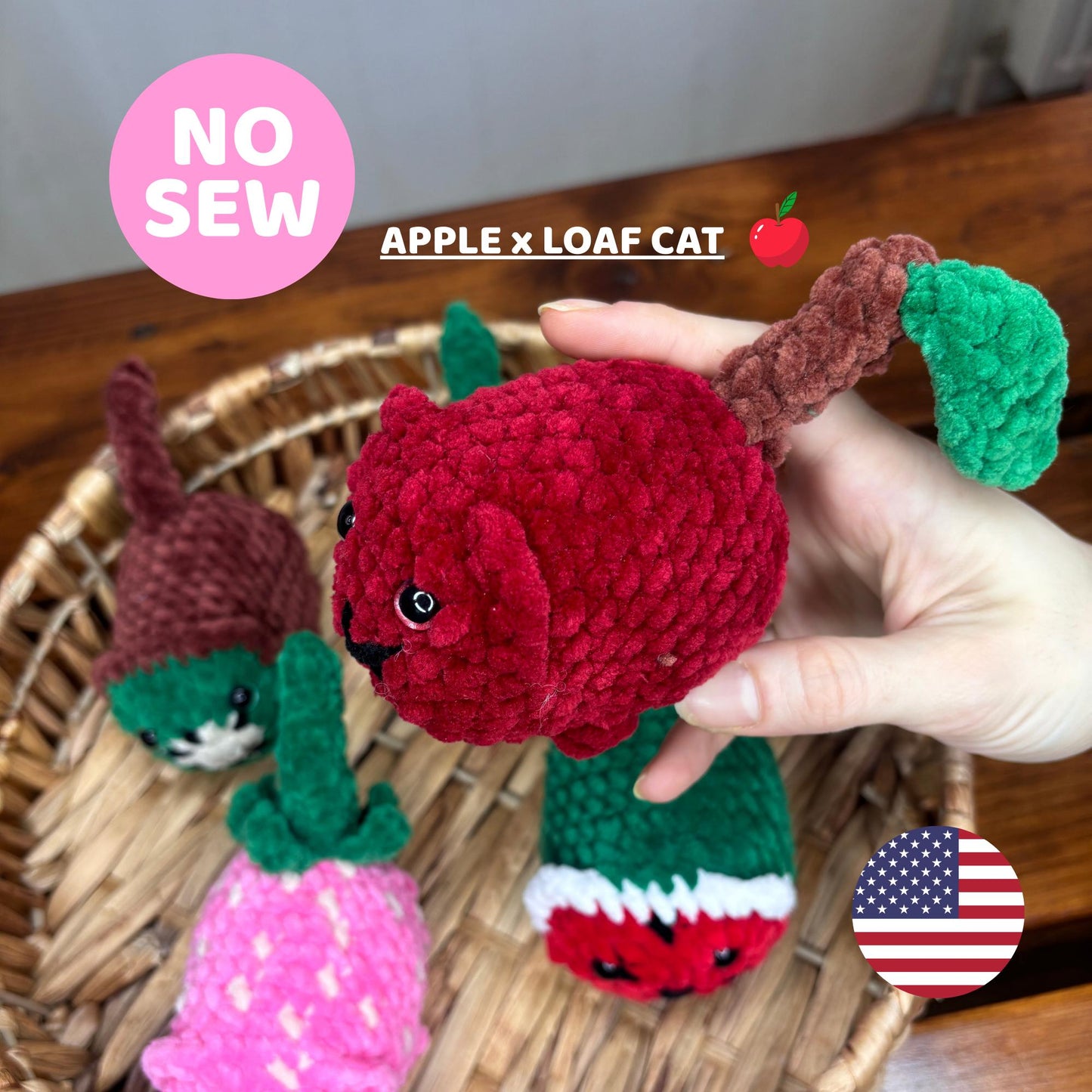 No Sew Apple Loaf Cat Crochet Pattern – Cute Kawaii Amigurumi Plushie – Easy Beginner Cat Tutorial – Food Crochet Plush Pattern