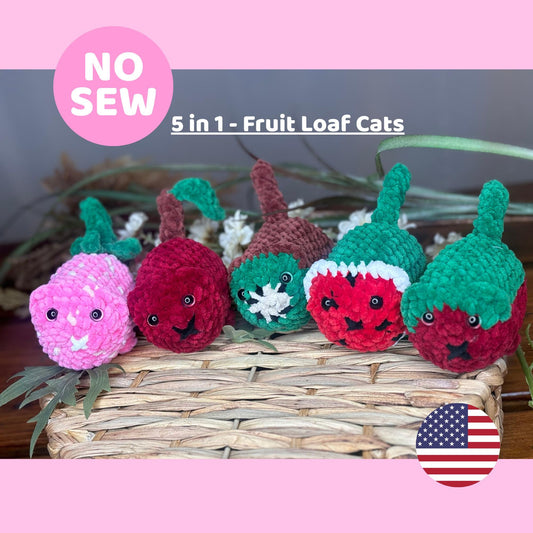 5-in-1 Loaf Cat Crochet Pattern Bundle – No Sew Food Cat Amigurumi Patterns – Beginner Crochet Plushie Set – Kawaii Fruit Cat Tutorials