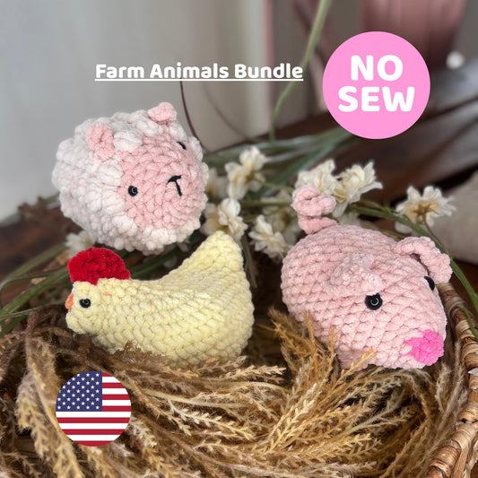 No Sew Farm Crochet Bundle, Sheep Pig Chicken Amigurumi Patterns, Easy Beginner-Friendly Plushie PDF, Instant Download