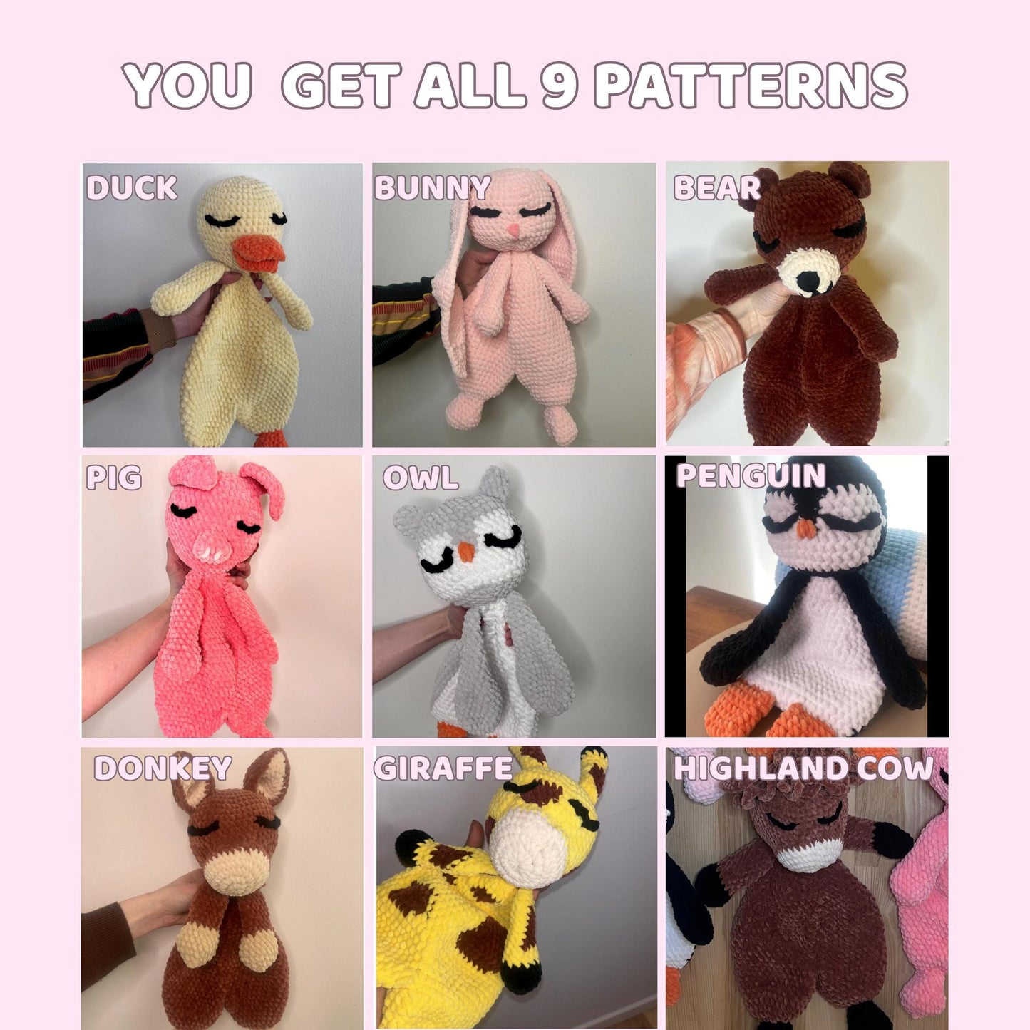 Mega Snuggler Crochet Pattern Bundle - 9 Farm Animal Loveys PDF | Donkey, Bunny, Duck, Owl, Cow, Bear, Pig, Penguin, Giraffe
