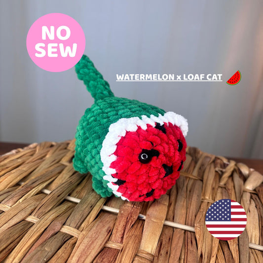 No Sew Watermelon Loaf Cat Crochet Pattern – Cute Kawaii Amigurumi Plushie – Easy Beginner Cat Tutorial – Food Plush Pattern